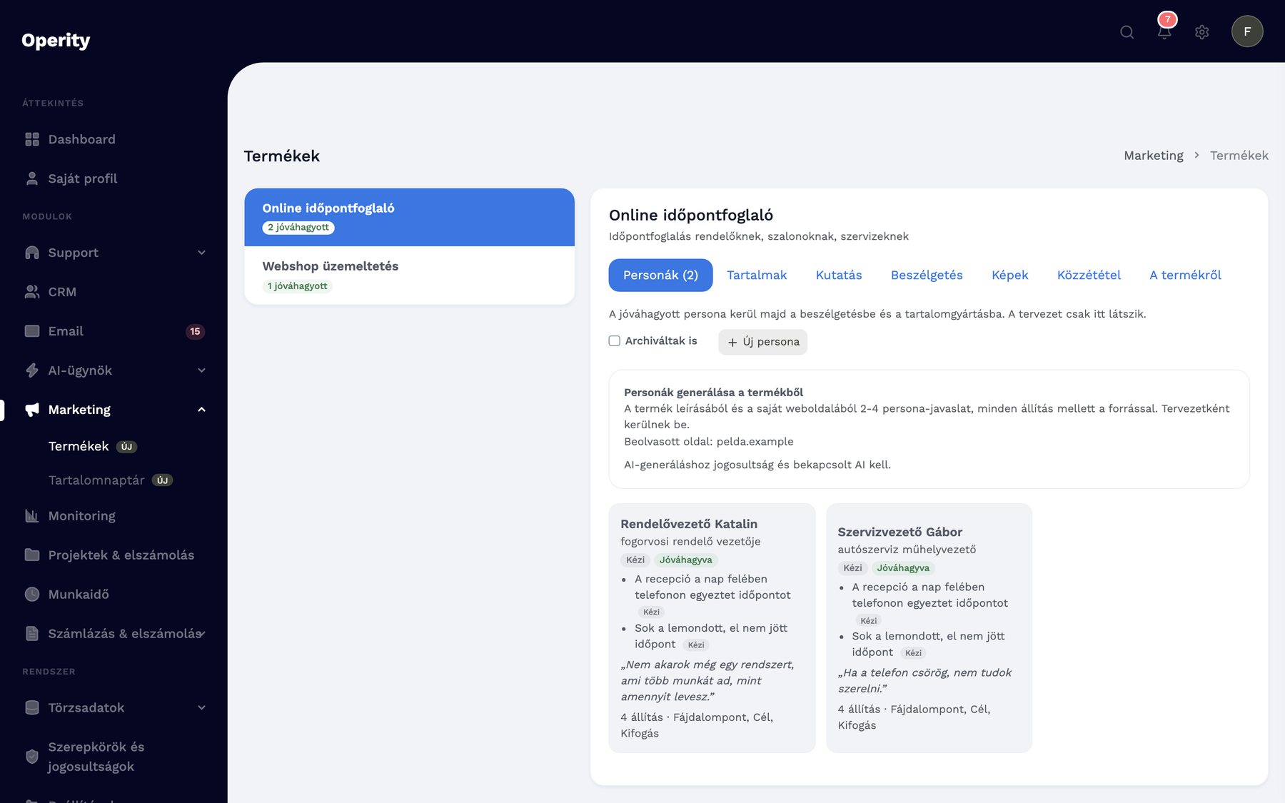 Termék personái: fájdalompont, cél, kifogás, idézet
