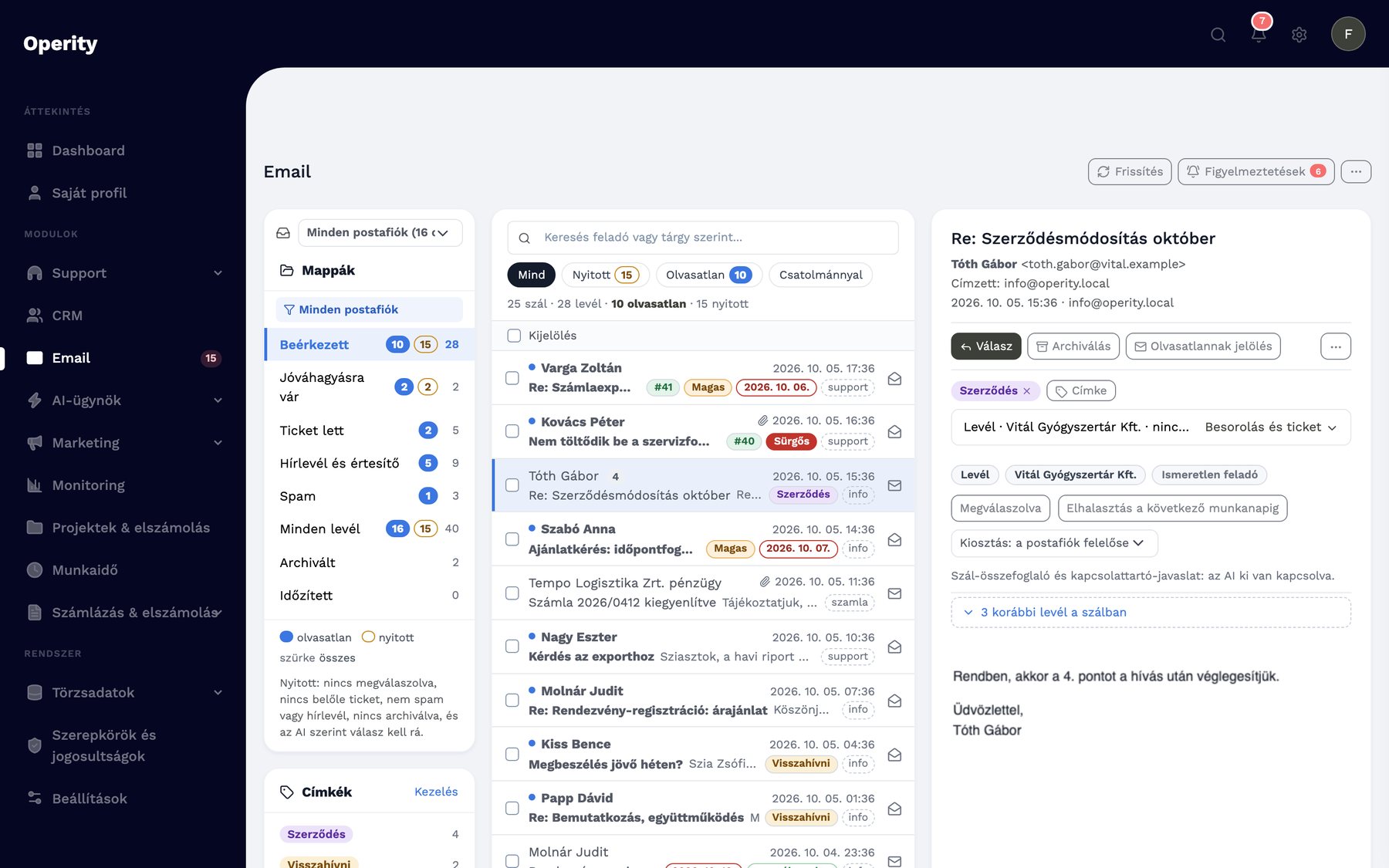 E-mail: postafiókok, mappák, szálak, címke, a levél cég-hozzárendelése